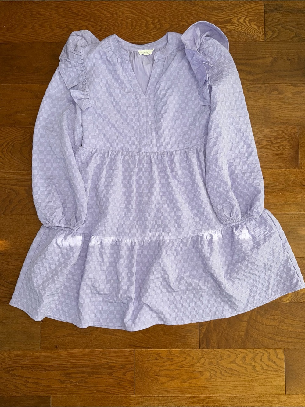 Lavender Mini Dress with Textured Check and Ruffle Shoulders